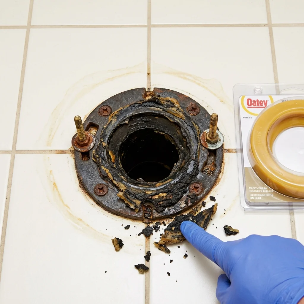 Failed wax ring showing water seepage at the base of a toilet in a Toronto, OH home