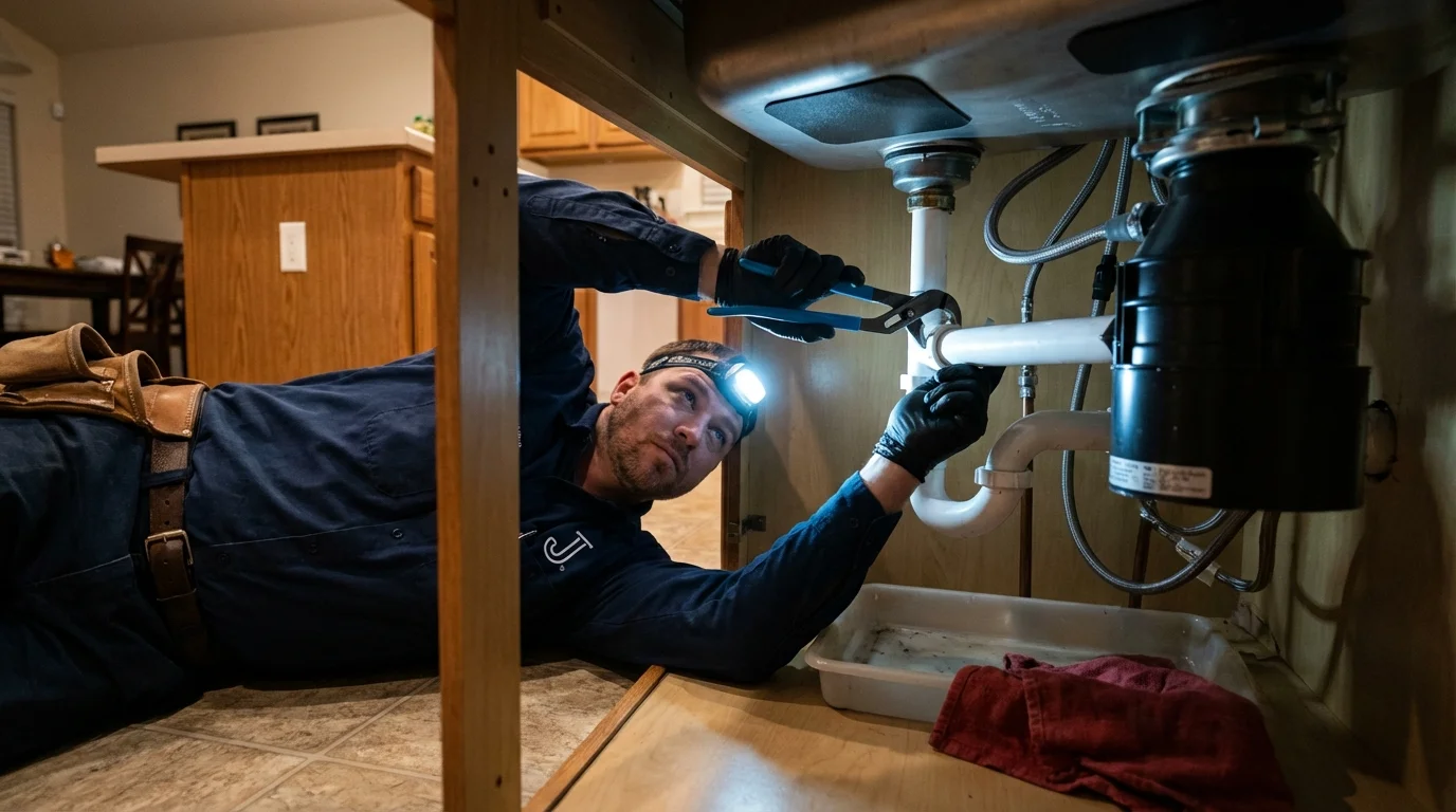 P-trap and supply line connections under a kitchen sink showing a common leak point in Toronto, OH